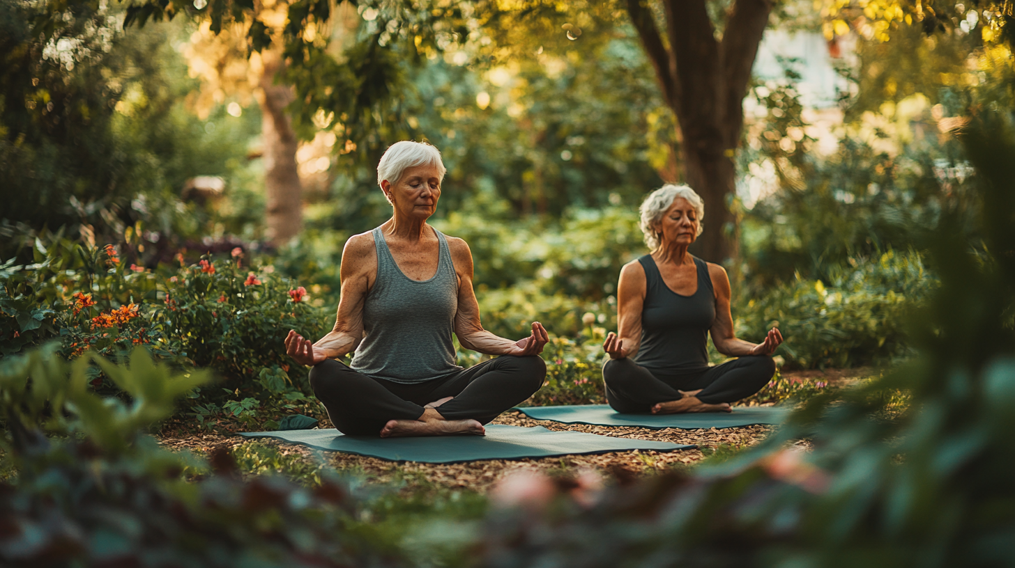 Група людей середнього віку займається йогою в парку на свіжому повітрі