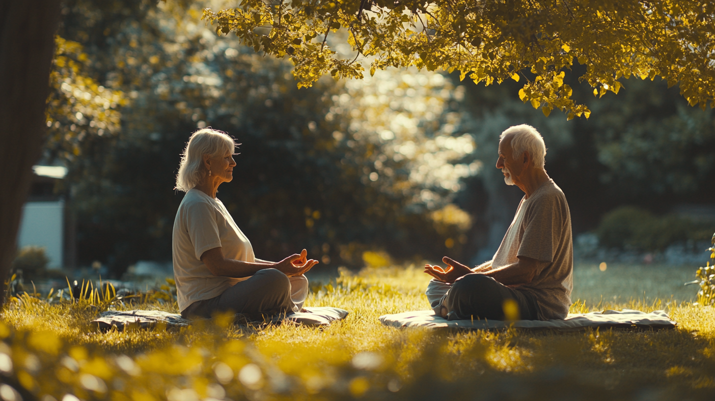 Інструктор йоги працює з групою людей старшого віку на природі